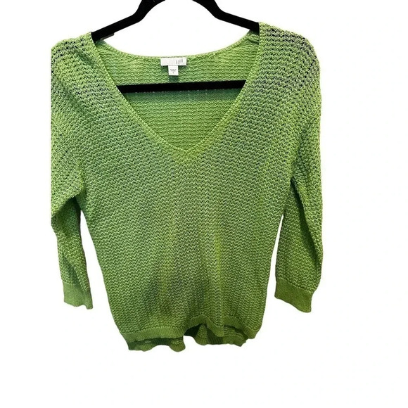J Jill Womens Green Crochet Open Knit V Neck 3/4 Sleeve Sweater Top Size Small - Picture 1 of 3